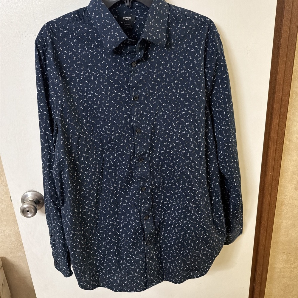 Express Slim 1MX Men's Blue/White Cotton LS Shirt L